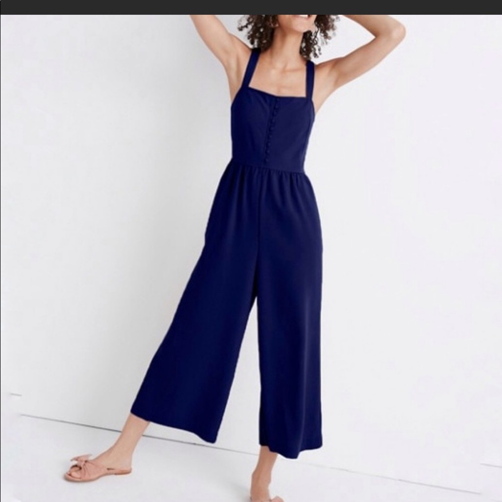 Madewell Smocked Crop Jumpsuit size 00, navy